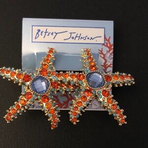 Betsey Johnson Gold Tone Starfish Drop Earrings Orange & Blue Crystal NWT